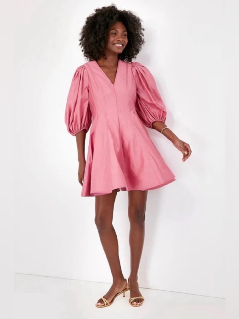 English Factory Puff Sleeve Fit & Flare Mini Dress V-Neck Pink Size Medium M